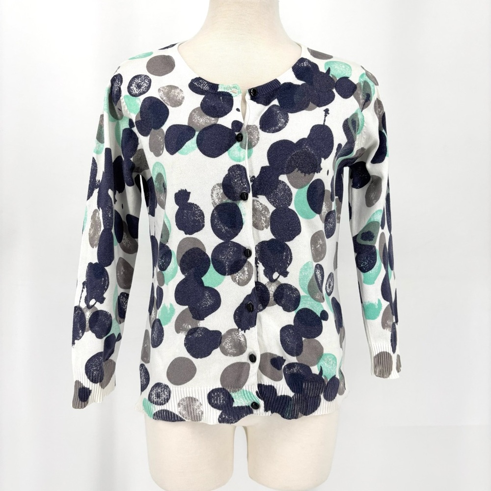 Volcom Navy, Taupe, and Sea-Foam Green Ink Blot Sweater Lightweight Cardigan, M